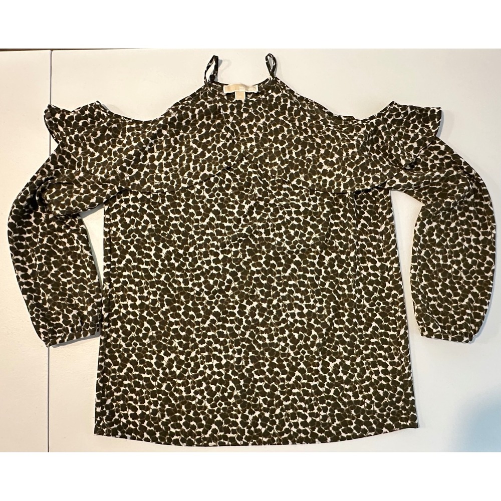 MICHAEL KORS Women's M Green Cold Shoulder Ruffle Long Sleeve Floral Print Top